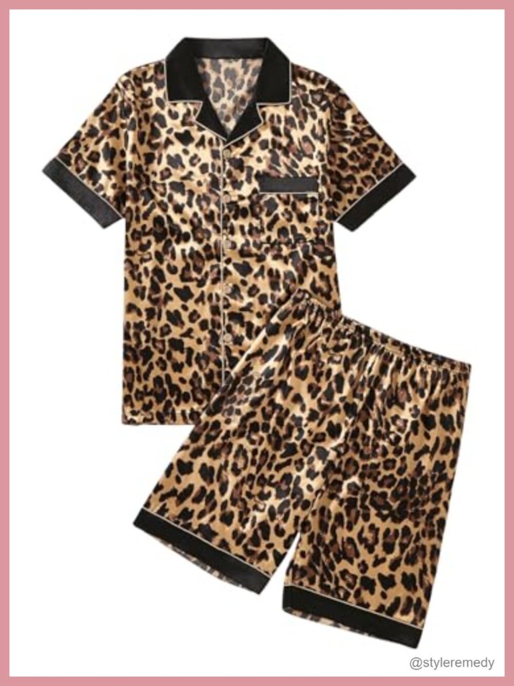 Men's Satin Pajama Set Leopard Print Short Sleeve Button Front